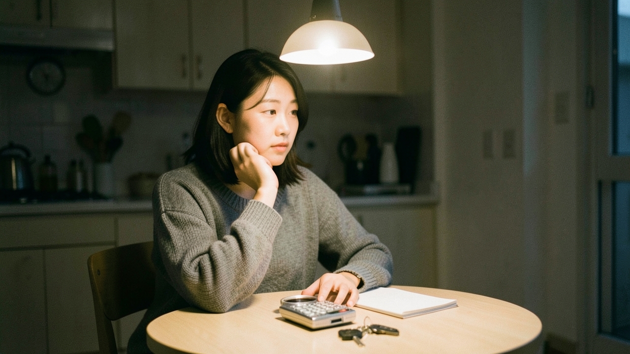 서울 아파트 주방 식탁에서 늦은 밤 계산기를 앞에 두고 생각에 잠긴 30대 여성