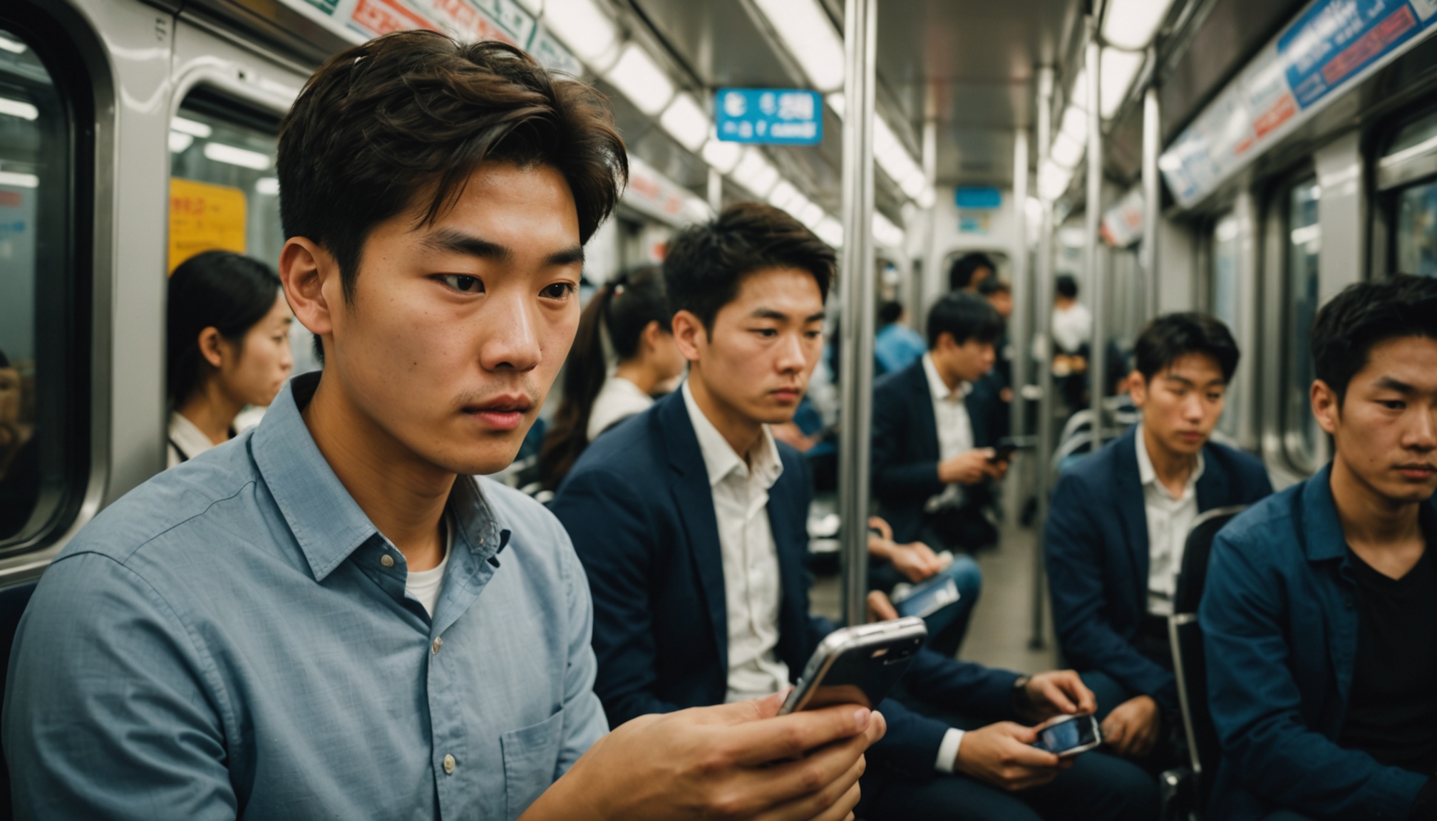 늦은 밤 서울 지하철에서 스마트폰을 낮게 들고 화면을 보는 젊은 한국 직장인