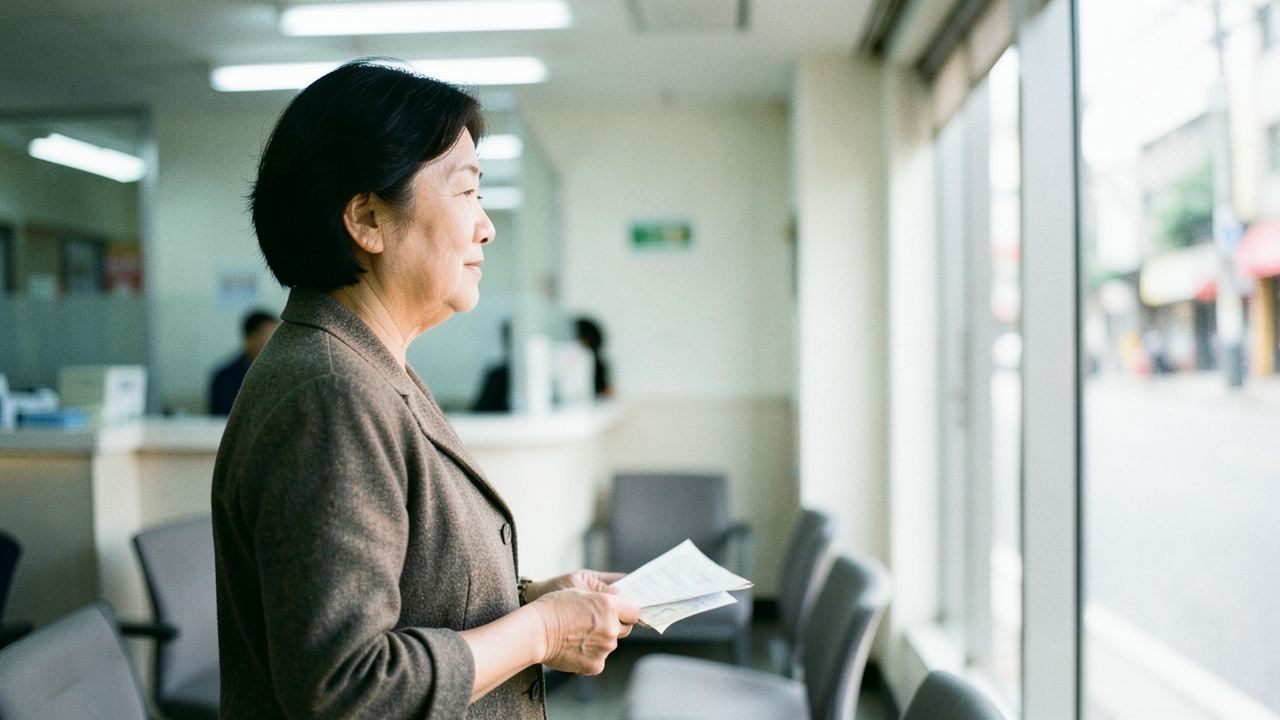 은행 지점 대기 공간에 서 있는 50대 여성의 측면