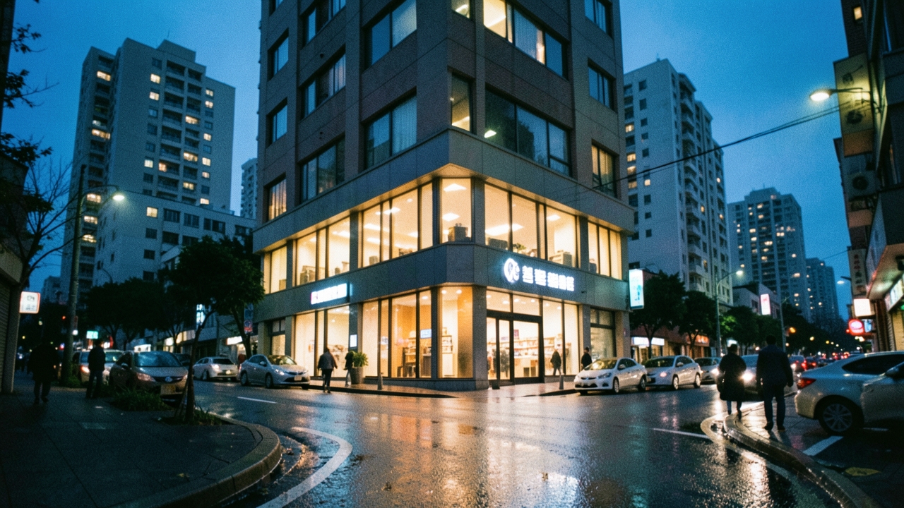 저녁 무렵 서울 거리의 은행 지점 외관