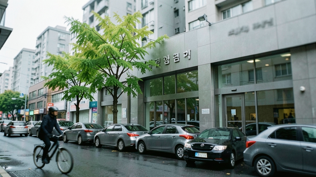 흐린 아침 거리에서 바라본 증권사 지점 외관