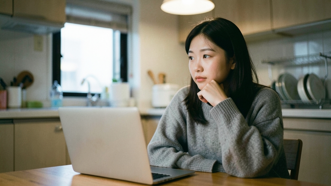 저녁 주방 식탁에서 생각에 잠긴 30대 여성