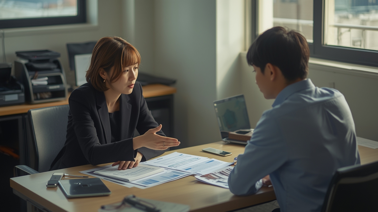 사무실에서 자료를 놓고 실적 전망을 논의하는 두 직장인