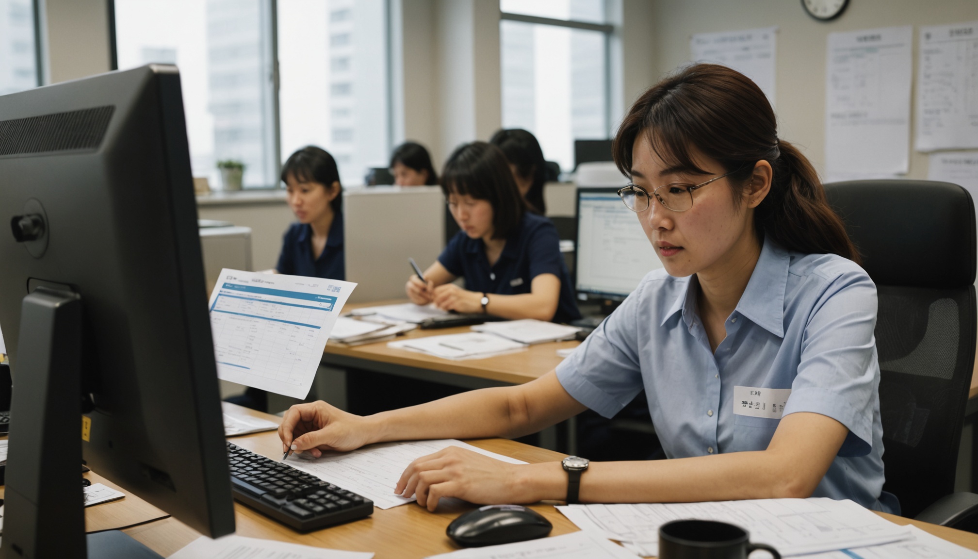 사무실에서 급여명세서를 보며 공제율을 따져보는 직장인