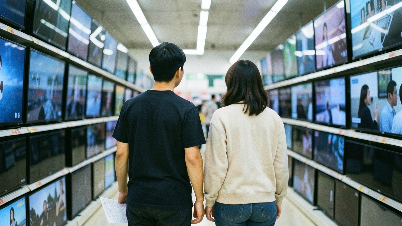 가전 매장 TV 코너에서 대형 TV를 올려다보는 30대 부부
