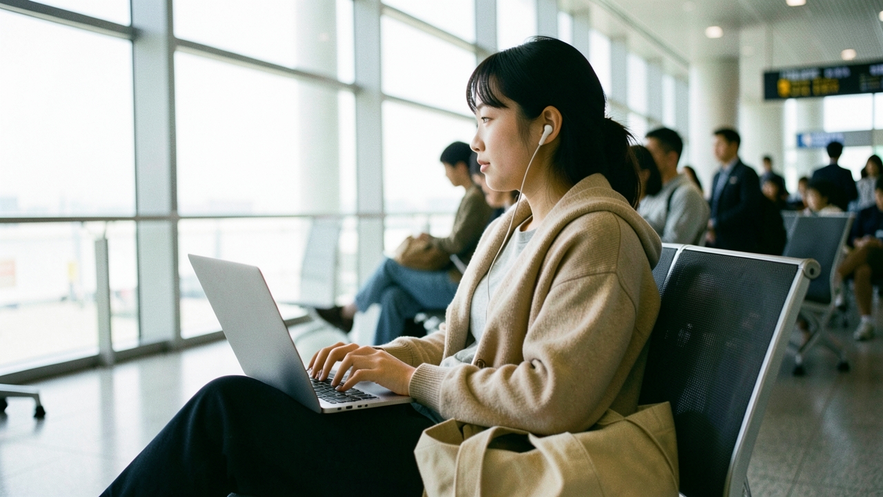 인천공항 대기 좌석에서 노트북을 무릎에 놓고 작업하는 20대 여성