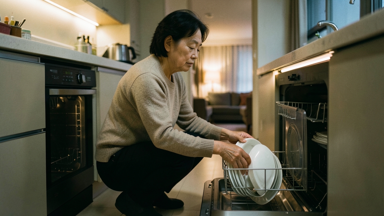 저녁에 식기세척기에서 접시를 꺼내는 40대 여성
