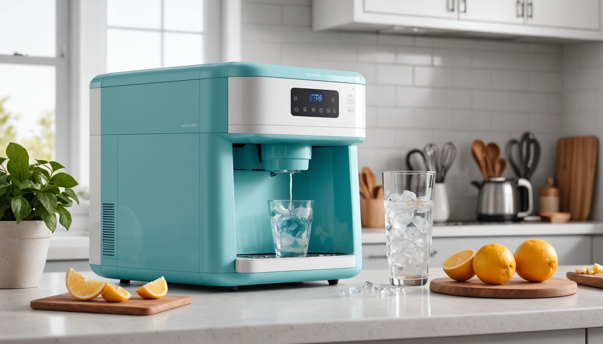 주방 조리대 위에 놓인 소형 가정용 제빙기