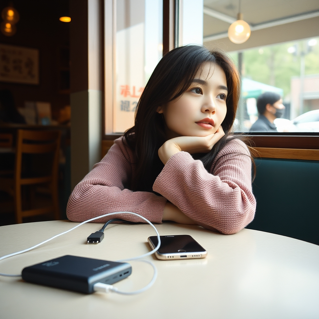 카페에서 보조배터리로 휴대폰을 충전하며 앉아 있는 여성
