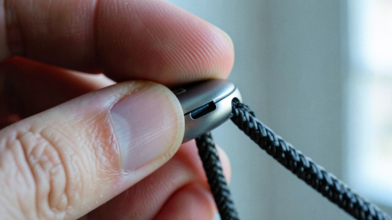 USB-C 커넥터를 집어 든 손가락 매크로 컷