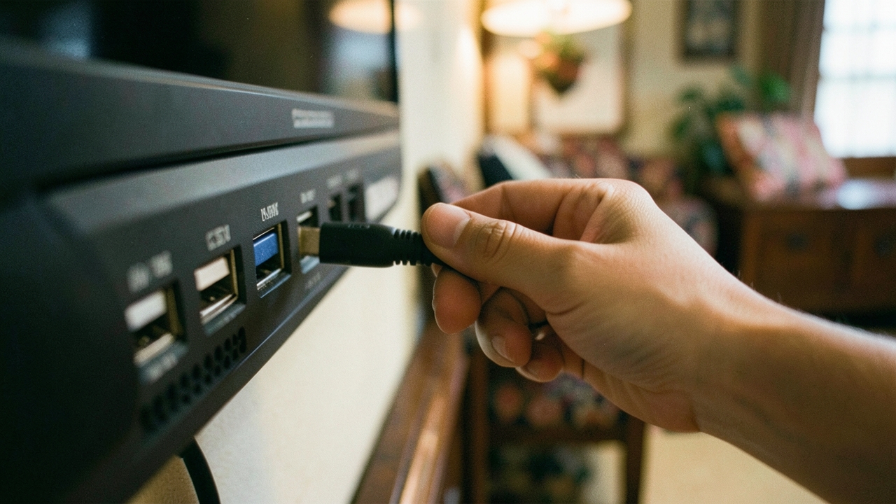 벽걸이 TV 뒷면 단자에 HDMI 케이블을 꽂는 손 클로즈업