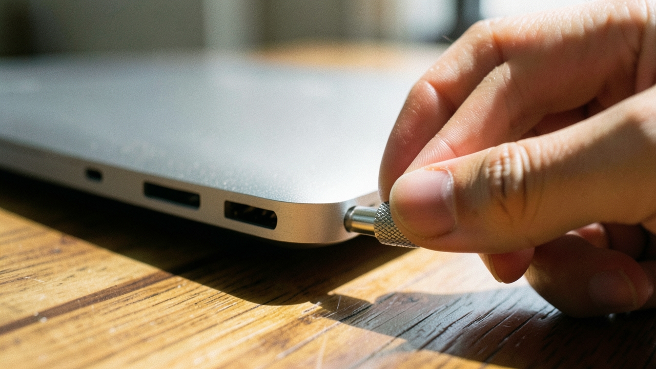 노트북 측면 USB-C 포트에 케이블을 꽂는 손