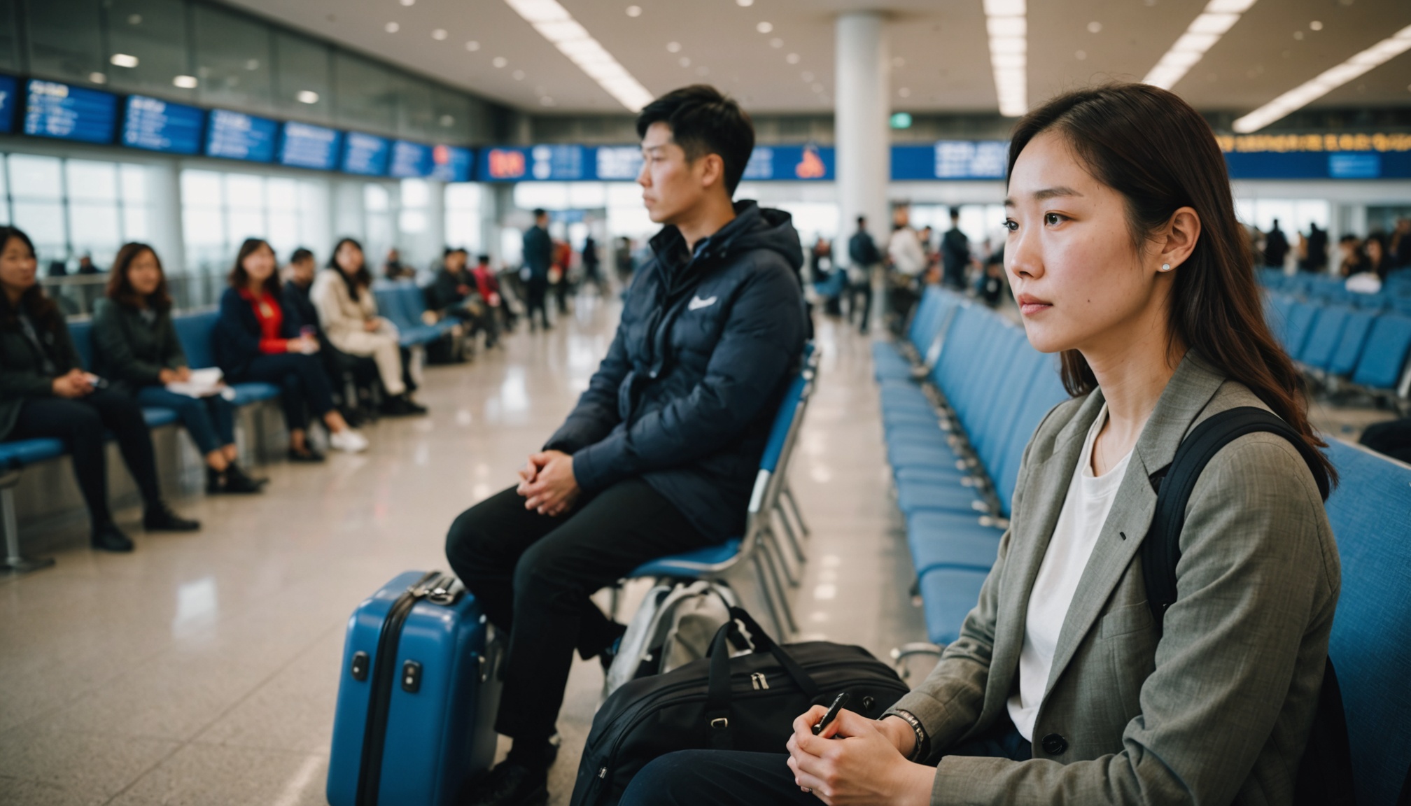 공항 대합실에서 이어폰으로 방송을 듣는 승객 — 오라캐스트가 겨냥하는 장면