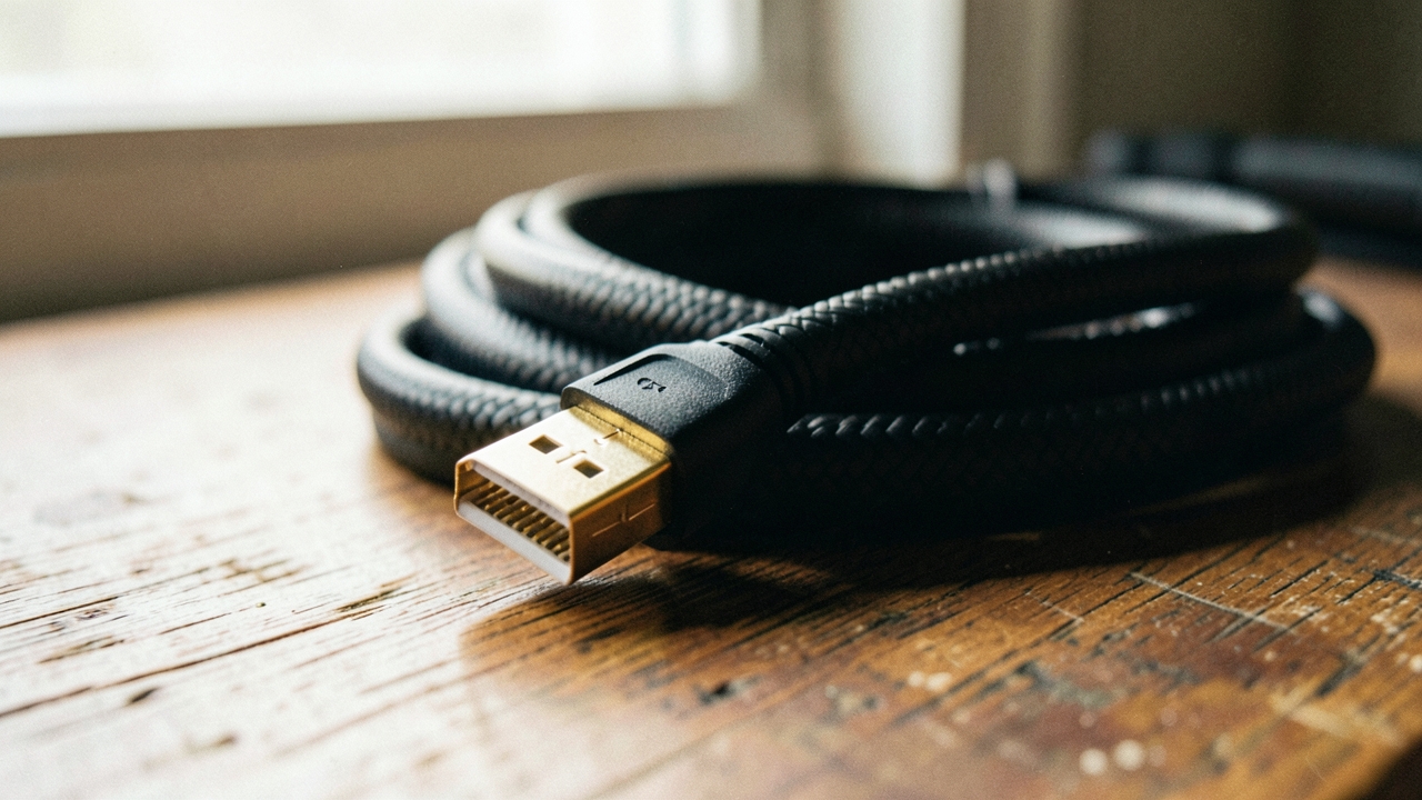 책상 위에 감긴 편조 HDMI 케이블과 금도금 커넥터 클로즈업