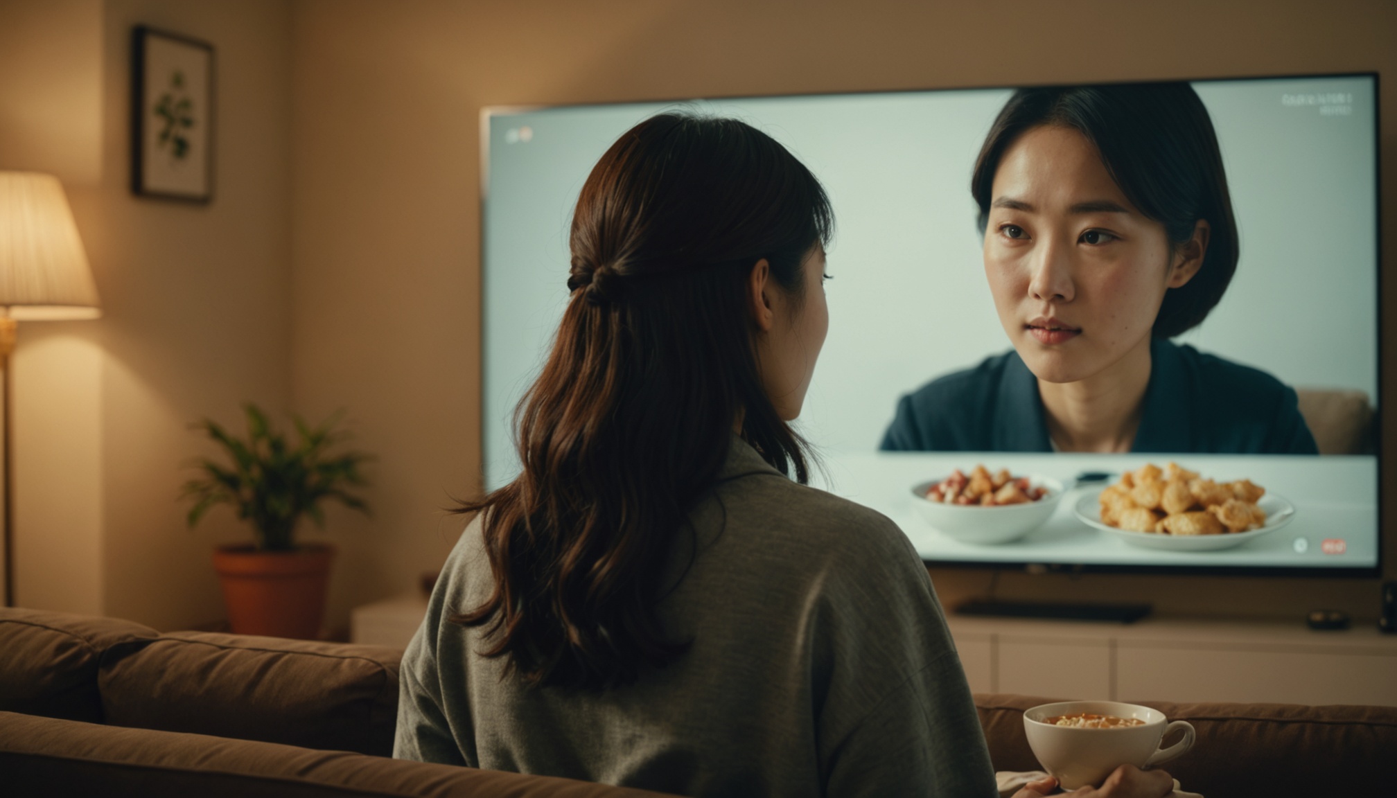 소파에서 빔프로젝터 화면을 보는 30대 여성