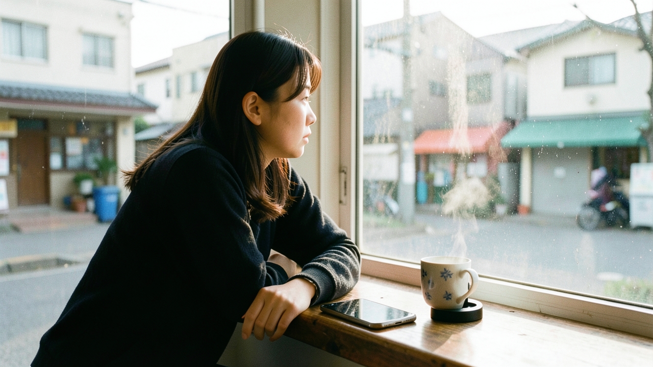 카페 창가에서 무선충전 거치대에 폰을 올려둔 20대 여성