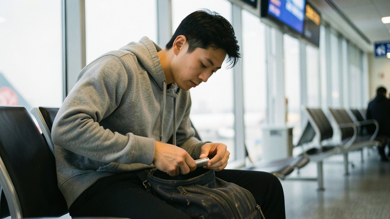 공항 게이트 좌석에서 배낭에서 보조배터리를 꺼내는 30대 남성