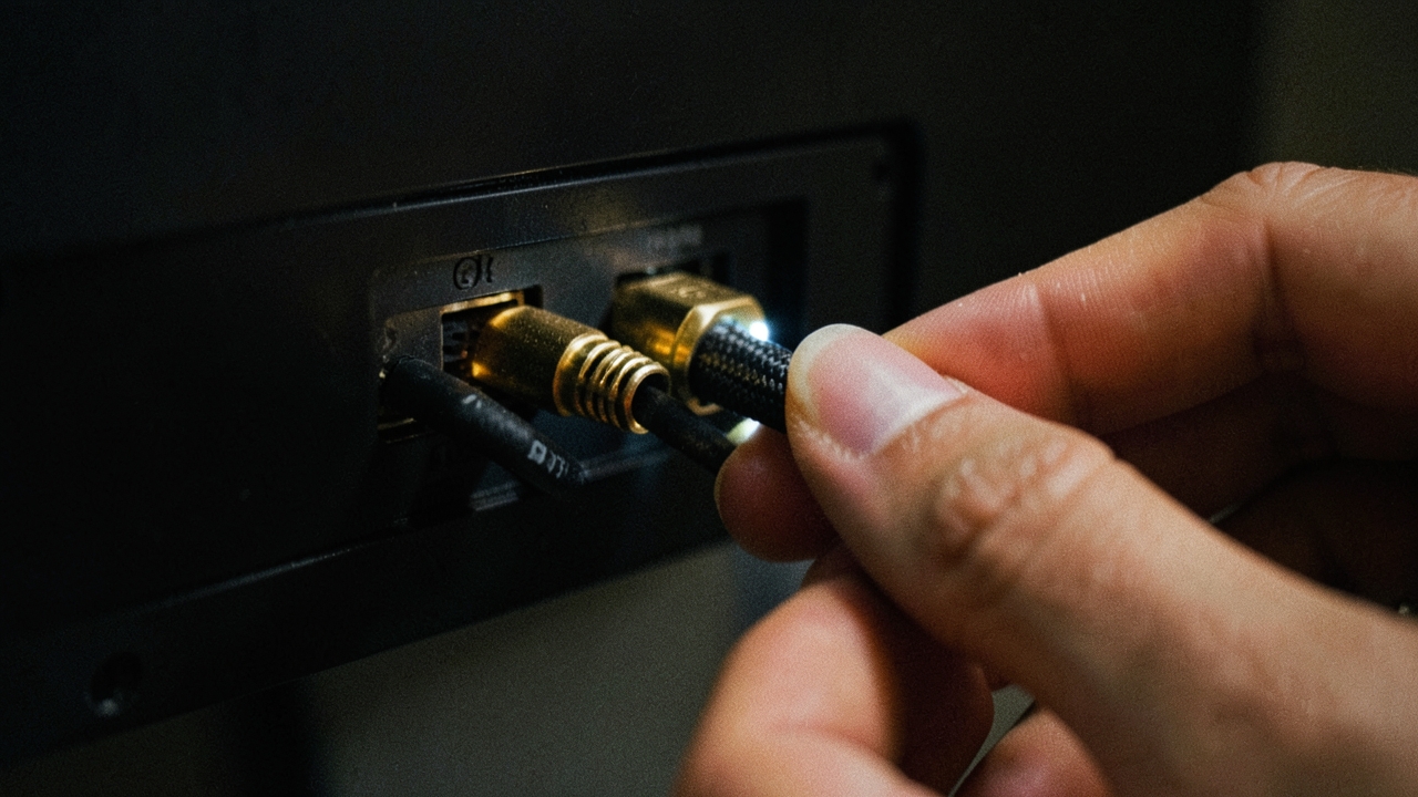 벽걸이 TV 뒷면 HDMI 포트에 케이블을 꽂는 손가락 클로즈업