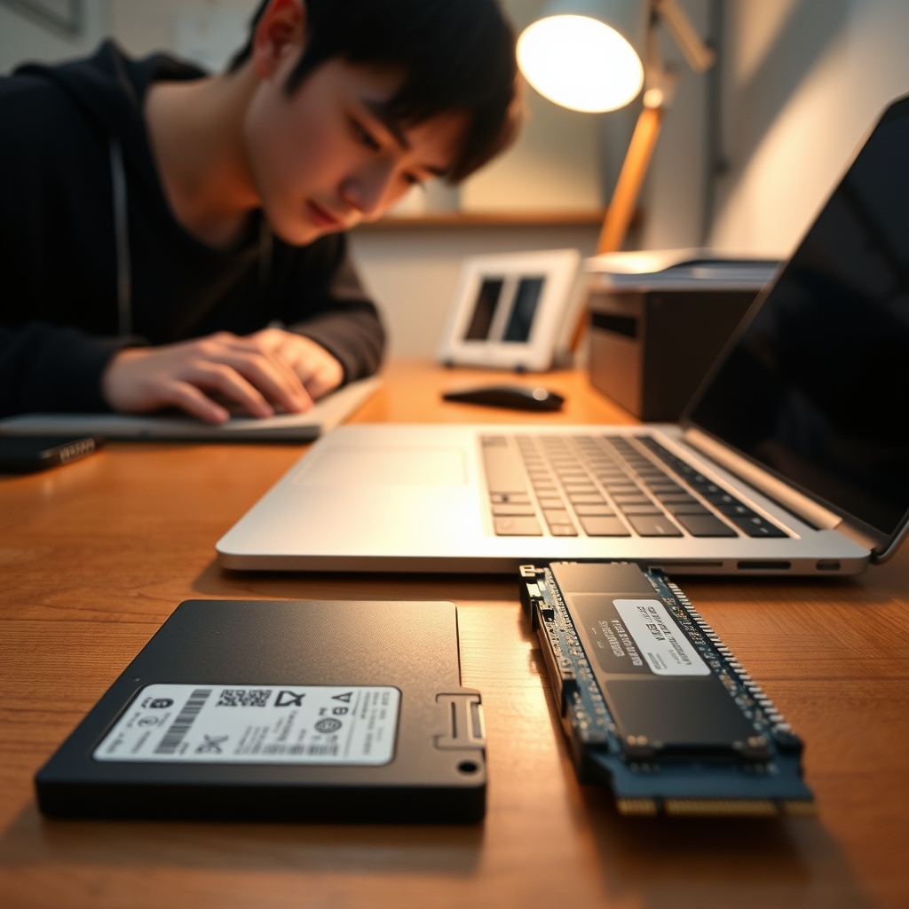 2.5인치 SATA SSD와 M.2 SSD를 나란히 놓고 비교하는 모습