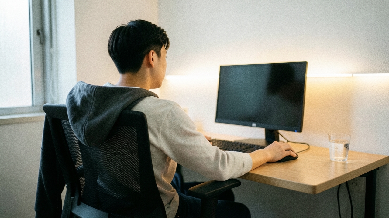 책상 앞 의자에 앉아 모니터를 마주한 20대 남성의 뒷모습