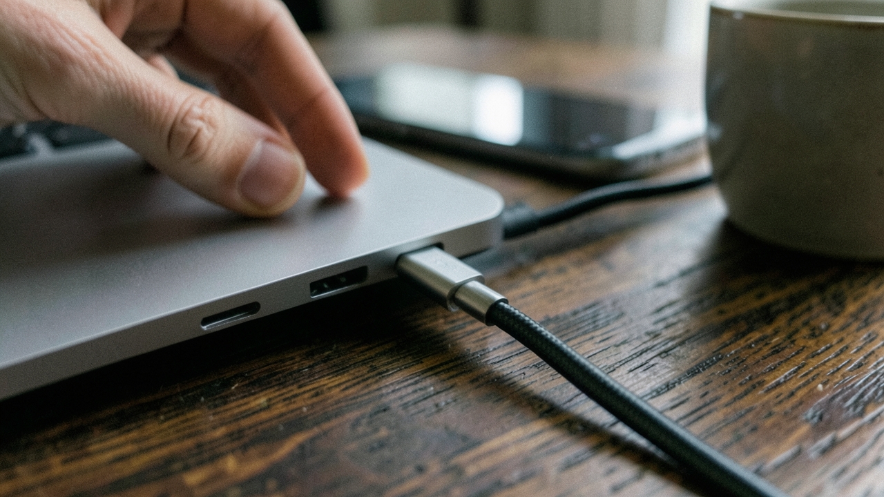 노트북 포트에 USB-C 케이블을 꽂는 손