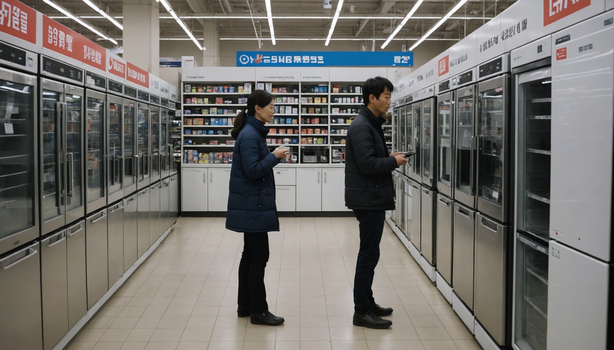 가전 매장에서 식기세척기 내부 선반을 살펴보는 부부