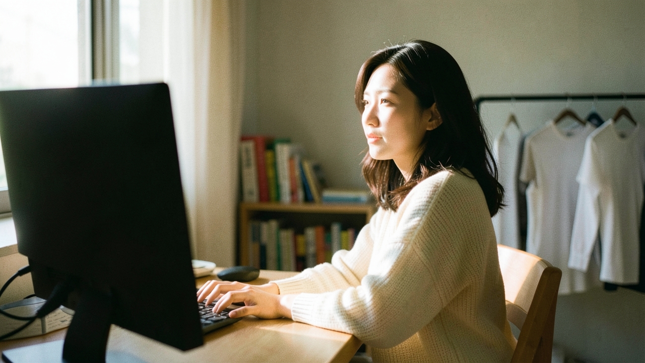 서울 아파트 홈오피스 책상에 앉아 모니터를 보는 30대 여성
