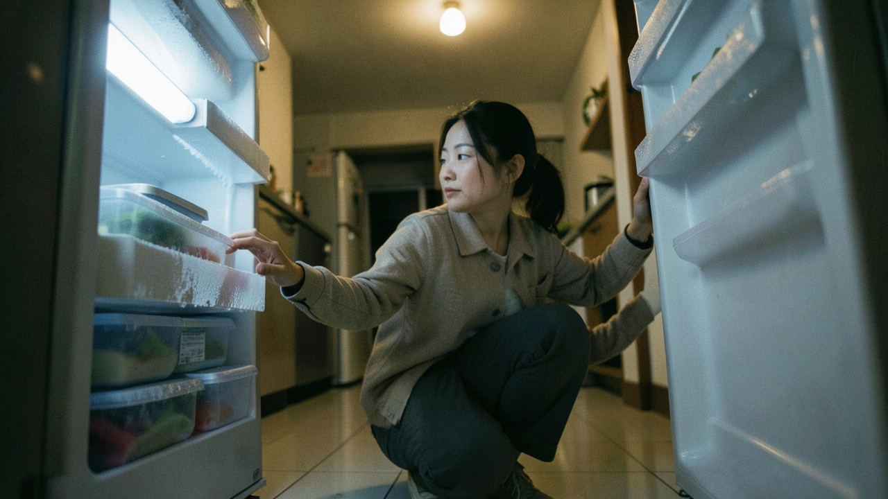 밤에 냉장고 하단 서랍을 정리하는 30대 여성