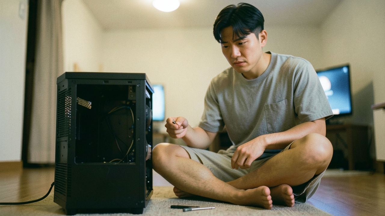방바닥에서 PC 조립 중 잠시 멈춘 20대 남성