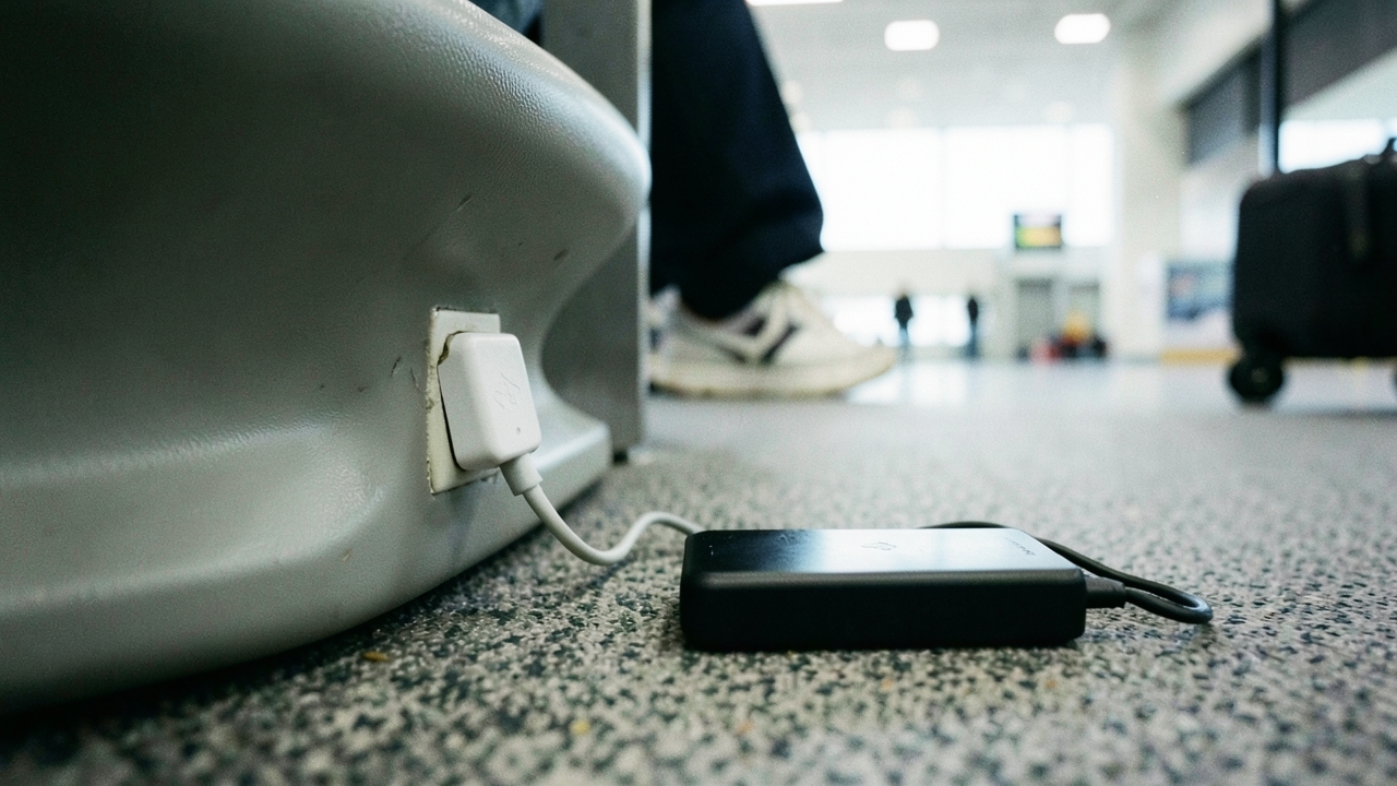 공항 게이트 좌석 옆 콘센트에 꽂힌 충전기와 보조배터리