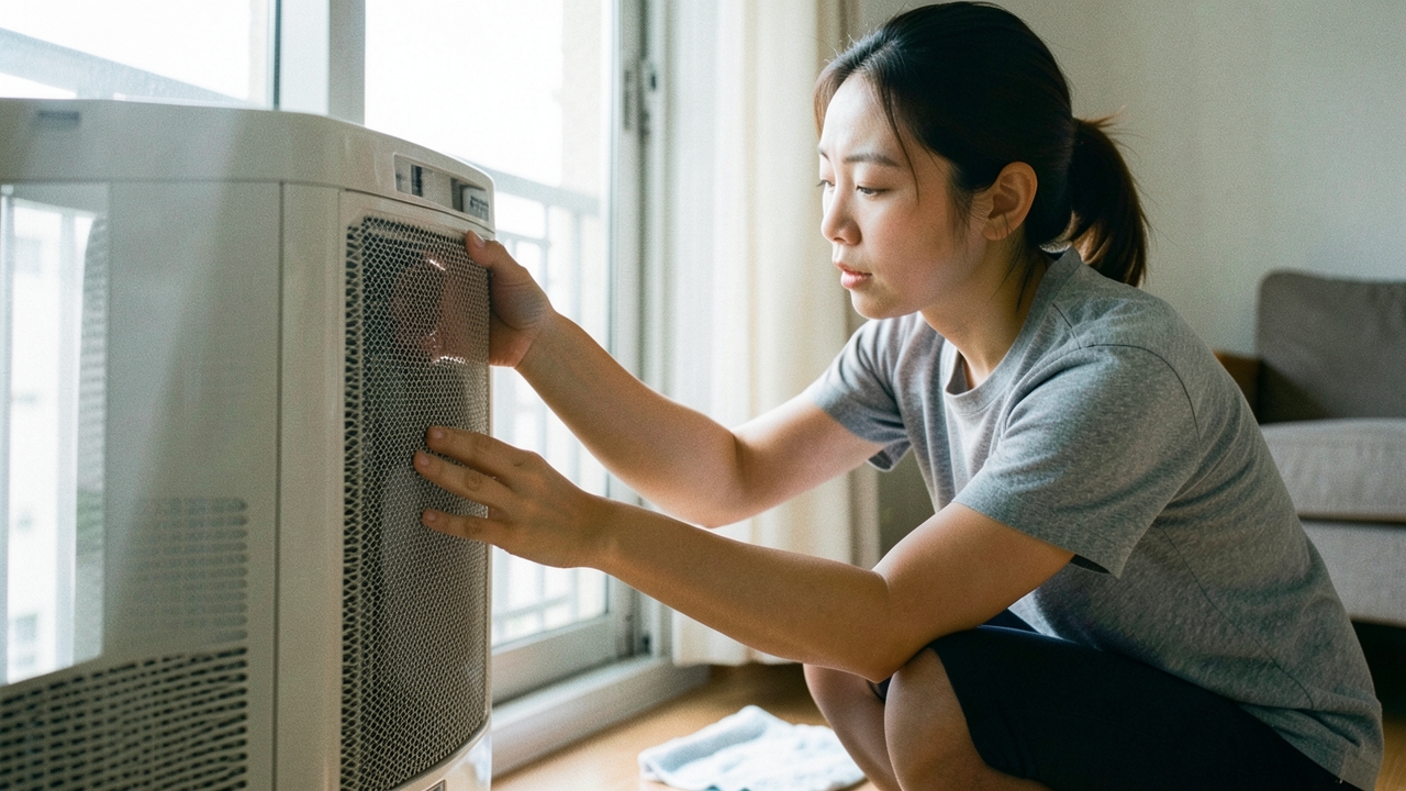 에어컨 필터를 꺼내 확인하는 30대 여성