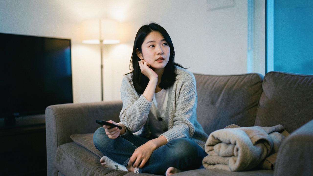 저녁 거실 소파에서 리모컨을 든 채 화면을 보는 여성