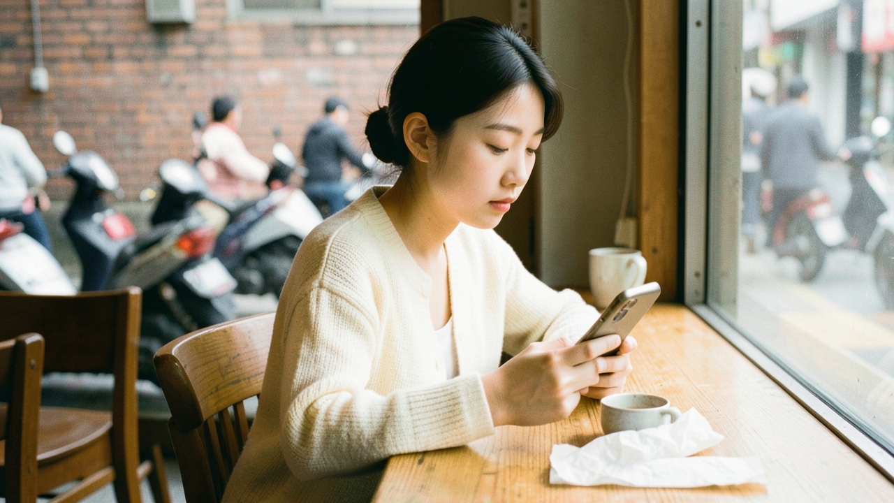 카페 창가에서 스마트폰을 보는 20대 여성