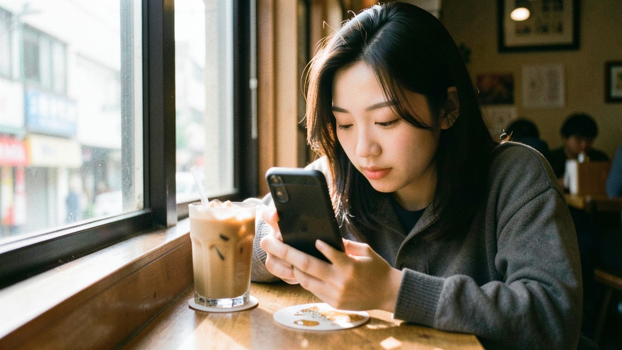 오후 카페 창가에서 휴대폰을 보는 20대 여성