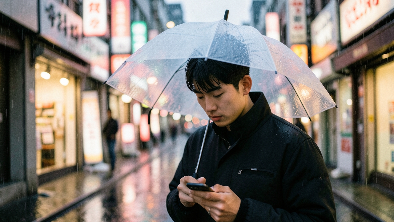 비 오는 서울 거리에서 우산을 쓰고 휴대폰을 든 남성