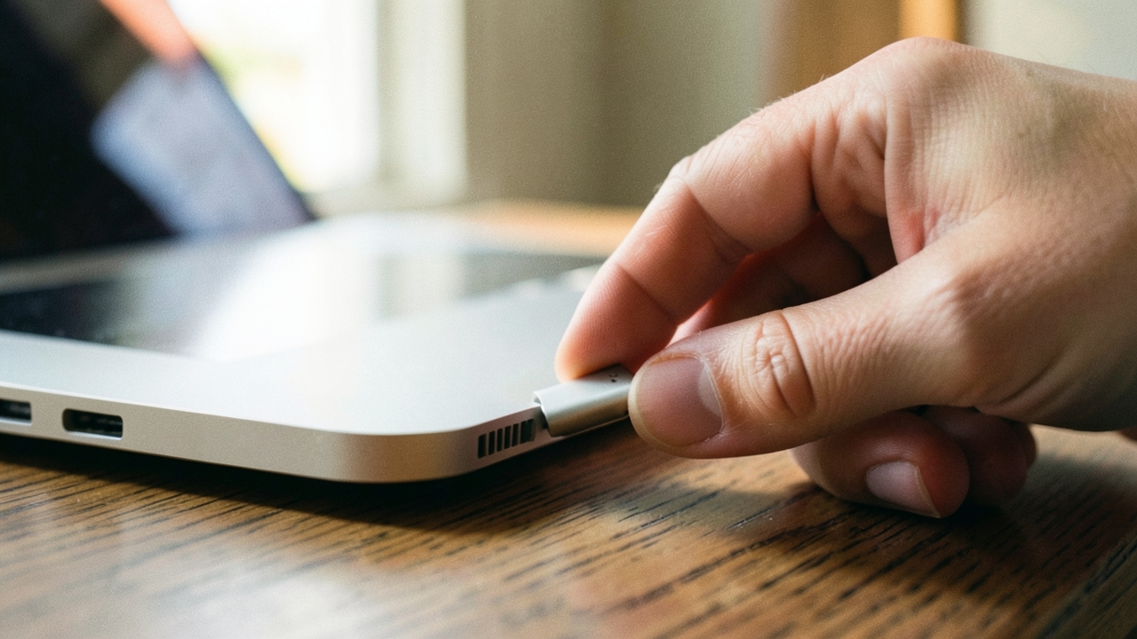 노트북 측면 포트에 USB-C 커넥터를 꽂으려는 손 클로즈업