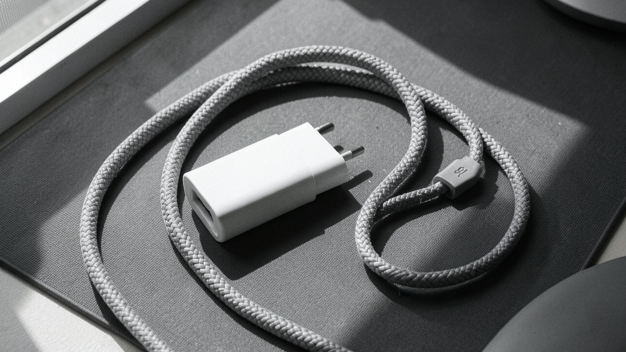 책상 위에 놓인 충전 어댑터와 USB-C 케이블
