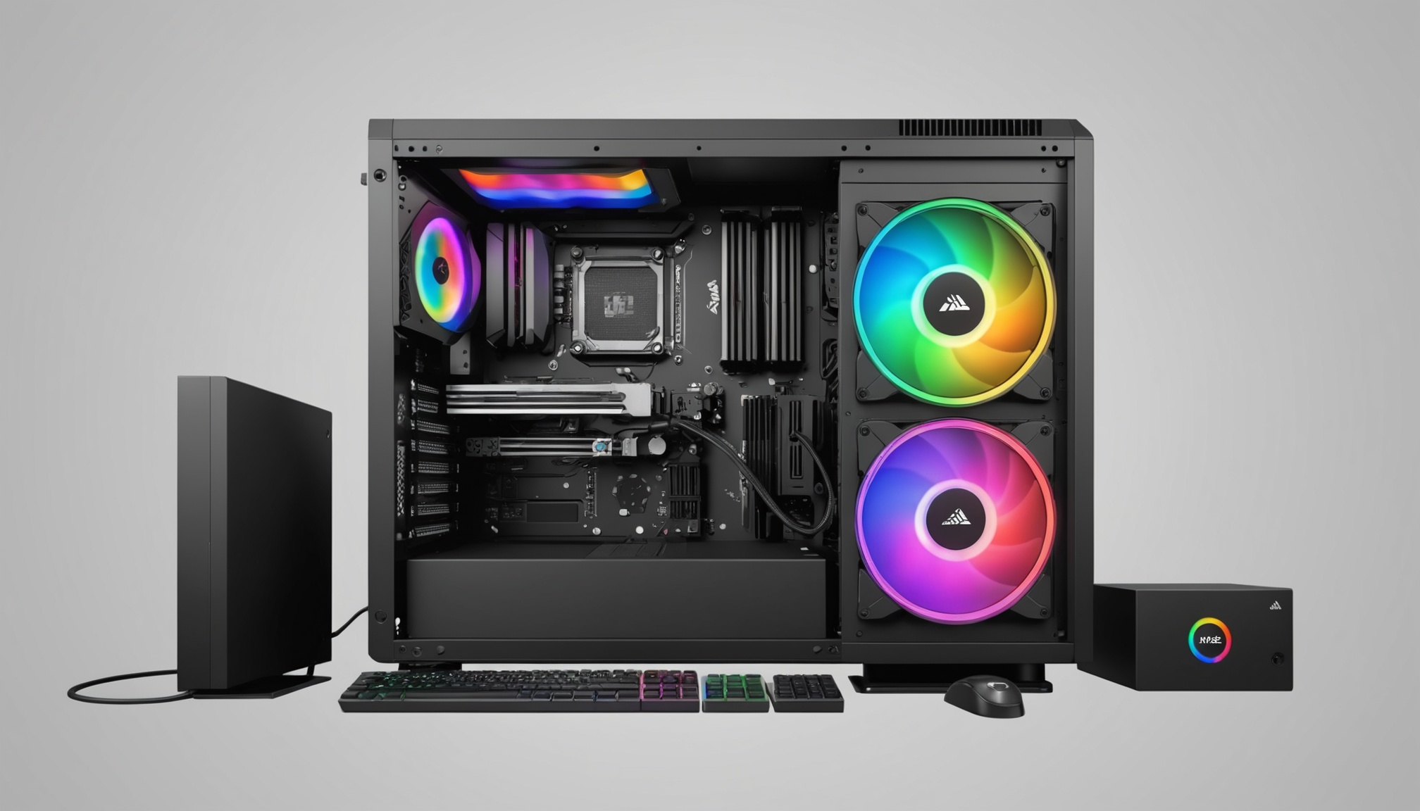RGB 조명이 켜진 게이밍 데스크톱 PC 본체 내부