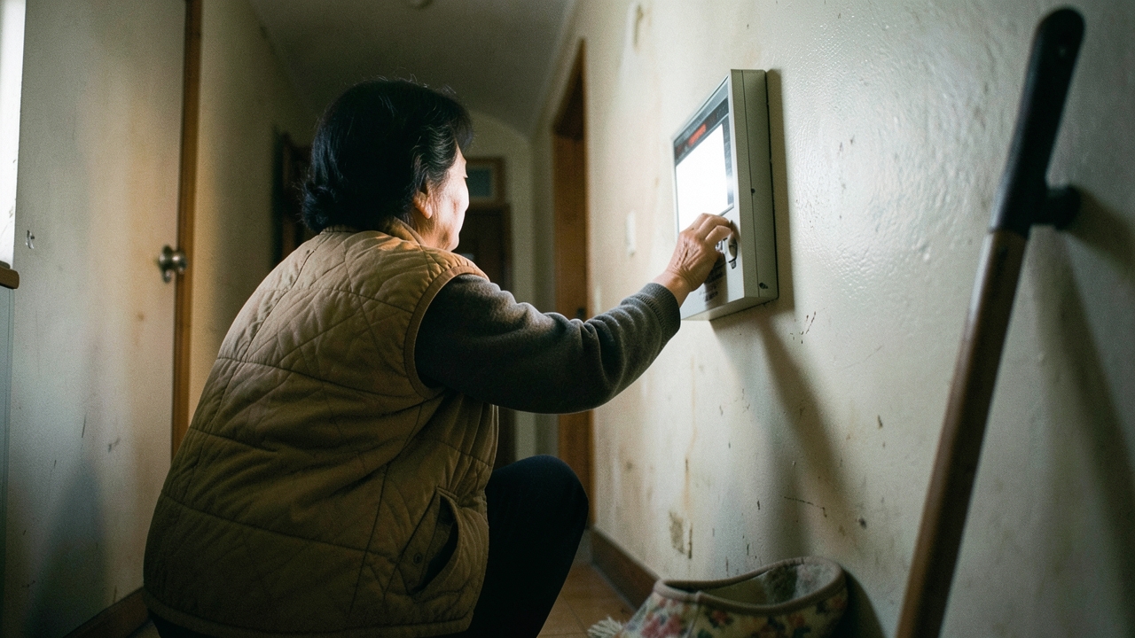 복도 벽의 보일러 조작부 앞에 앉은 노년 여성