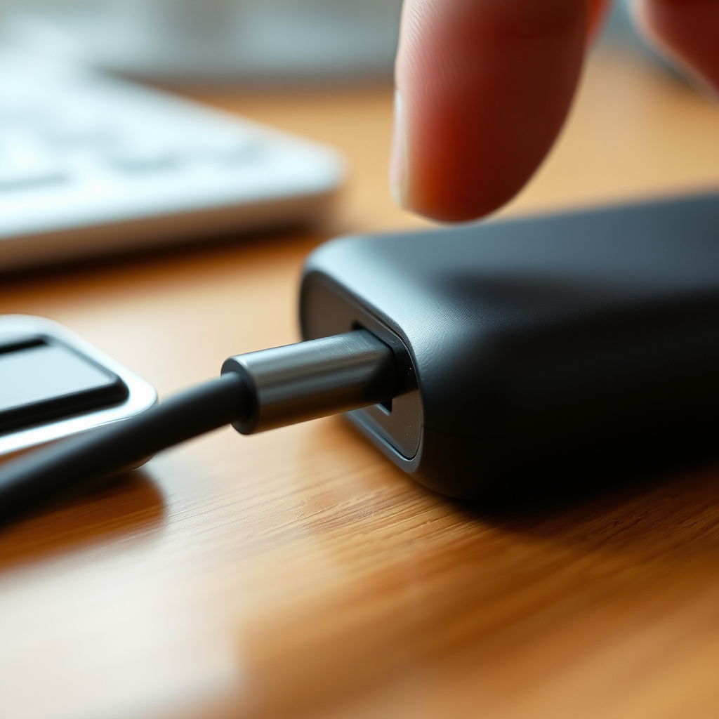 보조배터리 포트에 USB-C 케이블을 꽂는 손가락 클로즈업