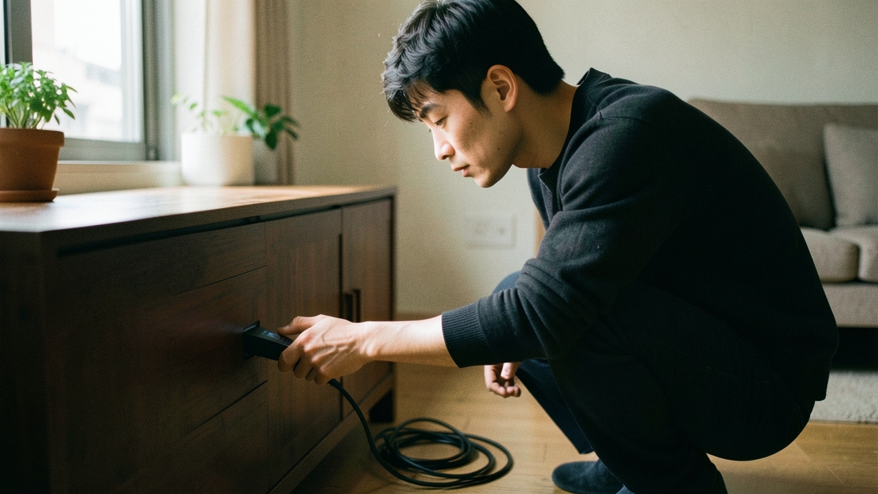 아파트 거실에서 새 공유기를 설치하는 30대 남성