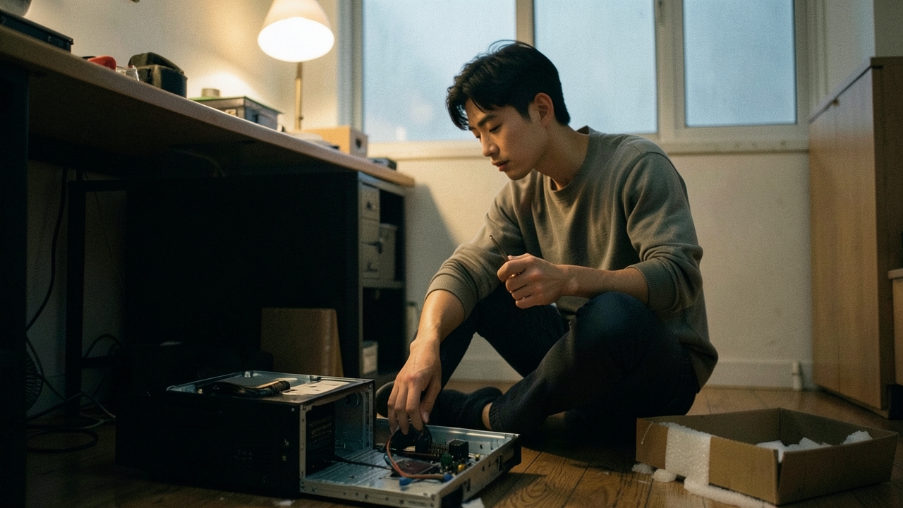원룸 바닥에 앉아 PC 케이스를 들여다보는 20대 후반 남성