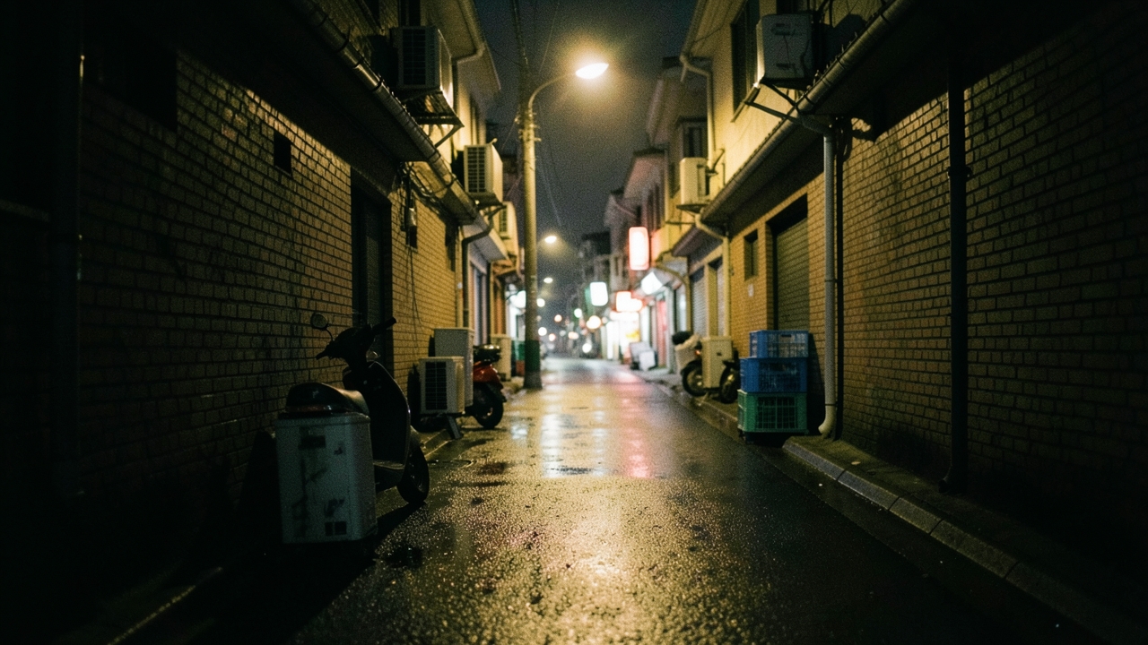 가로등 하나만 켜진 밤의 서울 주택가 골목