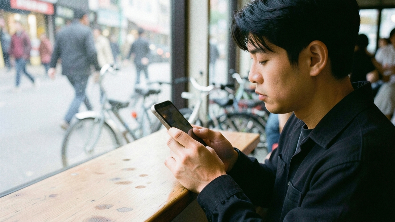 카페 창가에서 폴더블폰을 펼쳐 든 30대 남성