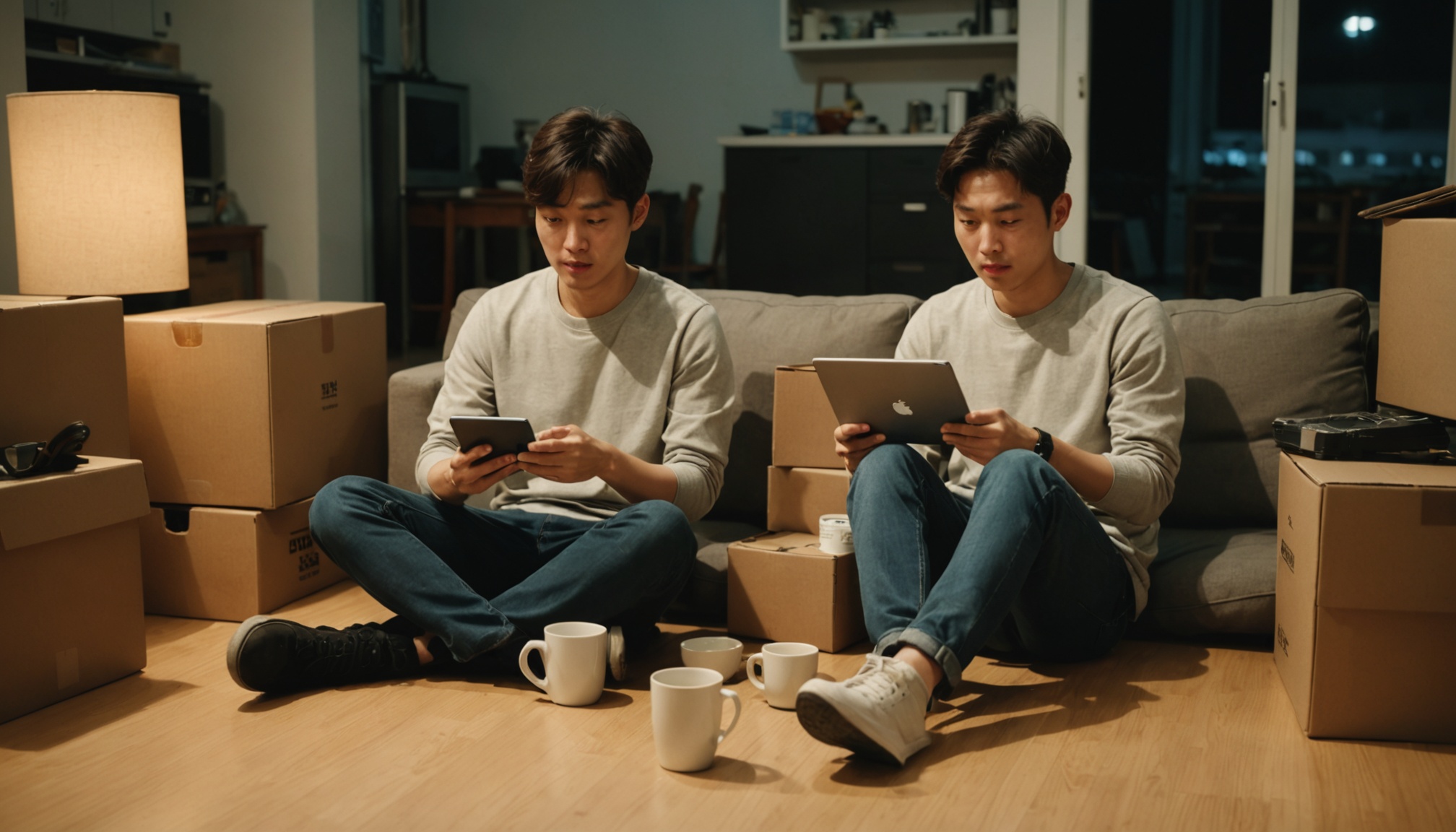 저녁에 태블릿으로 청소기 구매를 상의하는 부부