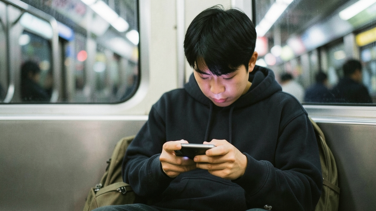 지하철에서 휴대용 게임기를 쥔 사람