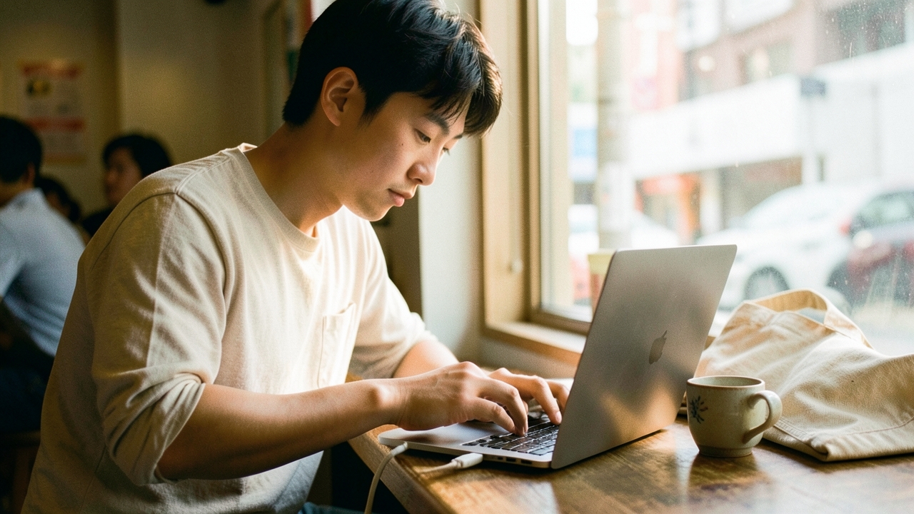 카페 창가에서 노트북에 충전 케이블을 연결하는 30대 남성