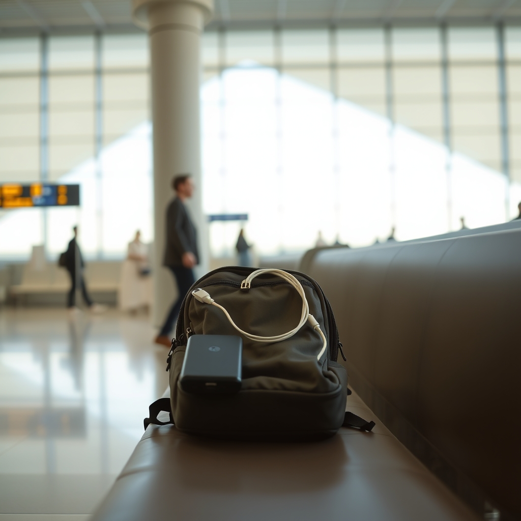 공항 대기 구역 벤치에 놓인 배낭과 보조배터리