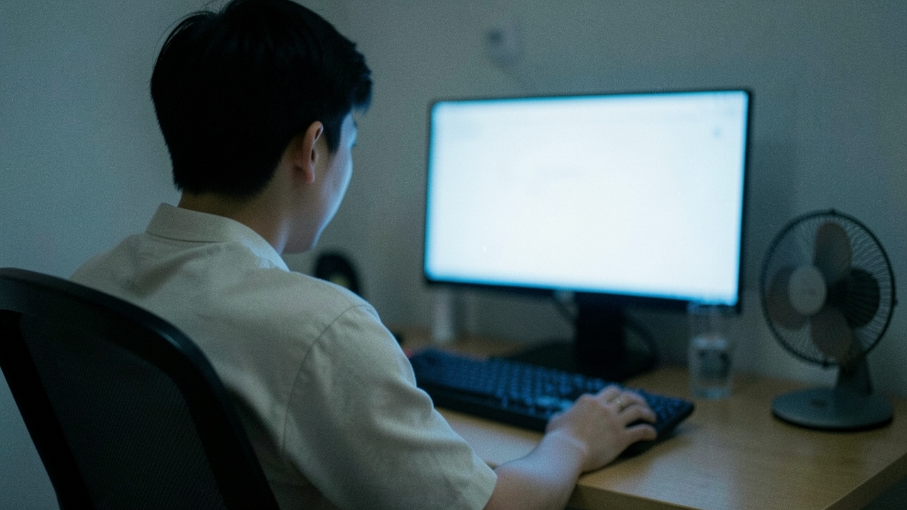 어두운 방에서 마우스에 손을 올린 채 화면을 보는 20대 남성