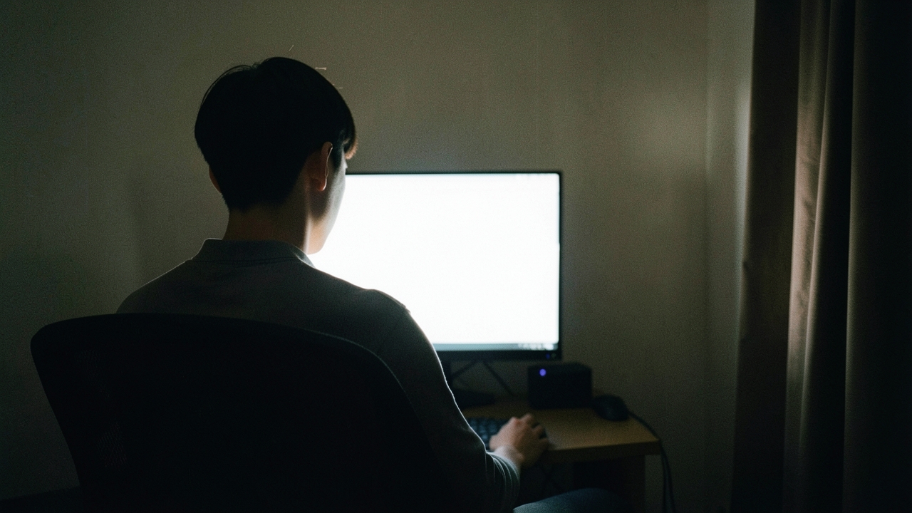 어두운 방에서 모니터 앞에 앉은 20대 남성의 뒷모습